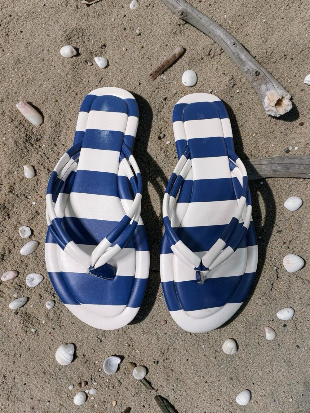JustFab Women’s Slip On Flat Sandals, Blue/White Striped, Size 8.5 Synthetic